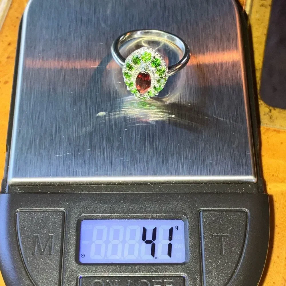 Natural Red Garnet Chrome Diopside Sterling Silver Halo Ring Size 7